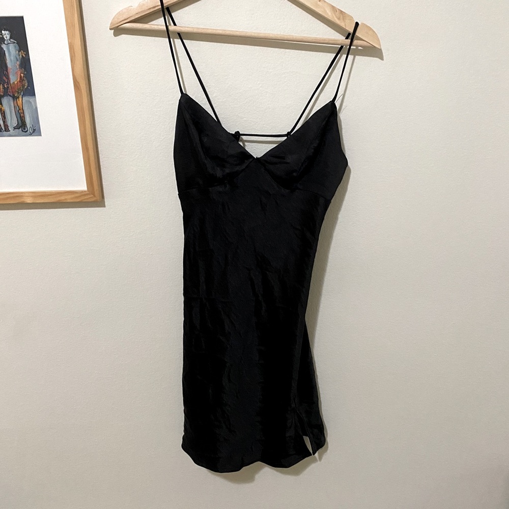 Rumor Black Satin Mini Dress Tie Back UK 8